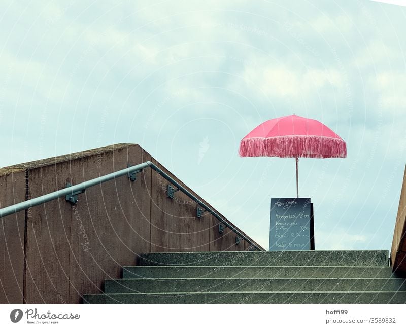 pink parasol shades the menu and waits for guests Sunshade Pink Stairs Menu Gastronomy Vacancy Invitation Restaurant Facial hair Bistro Offer sign Eating Dish