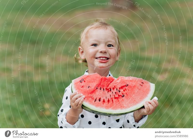 cute little girl eating big piece of watermelon on the grass in summertime. Adorable little girl playing in the garden biting a slice of watermelon. selective focus.