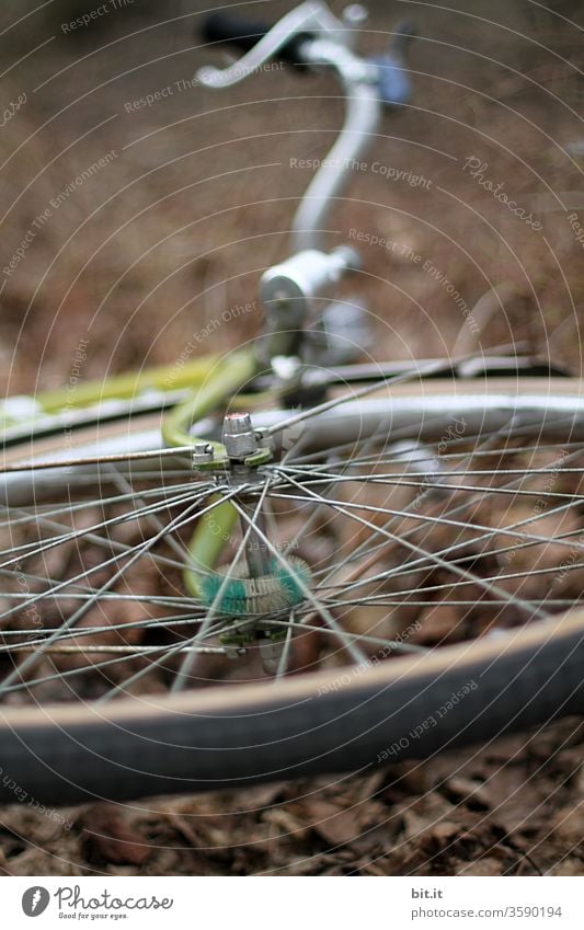 Front tire, wheel hub, handlebars, dynamo from the bicycle from below with weak depth of field. Stolen, stolen wheel lies left lying on the brown autumnal ground. Overturned bike, after accident, fall, tipping over on the side lying in autumn.