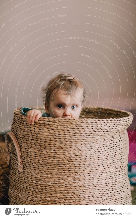 Baby view from a basket laughing child Laughter little child little boy little girl Brilliant hiding Hide Relaxation Parenting Childhood memory Infancy Moody