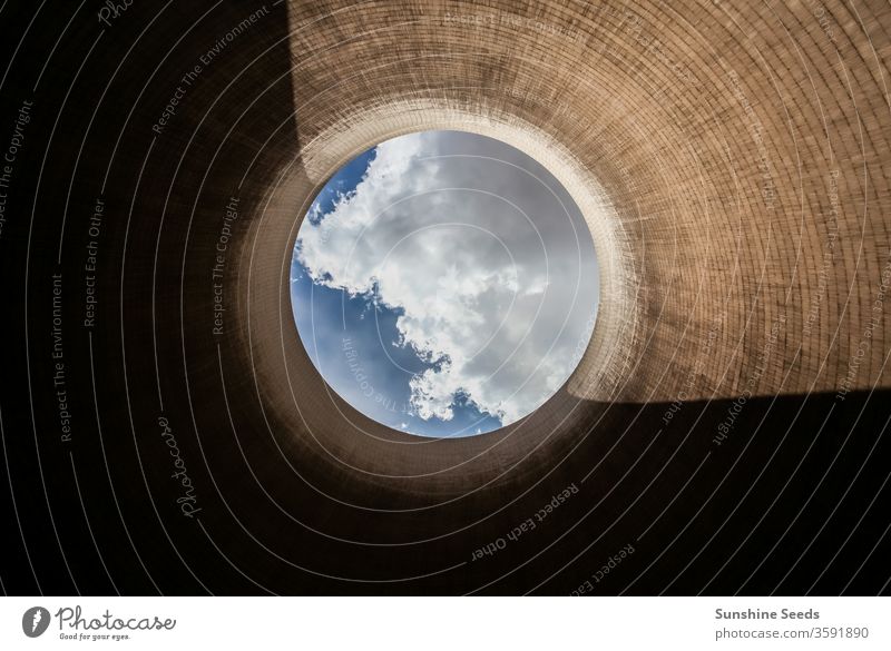 View up a coal burning power plant cooling tower fossil fuel global warming electricity plant energy abstract air pollution atmosphere power generation