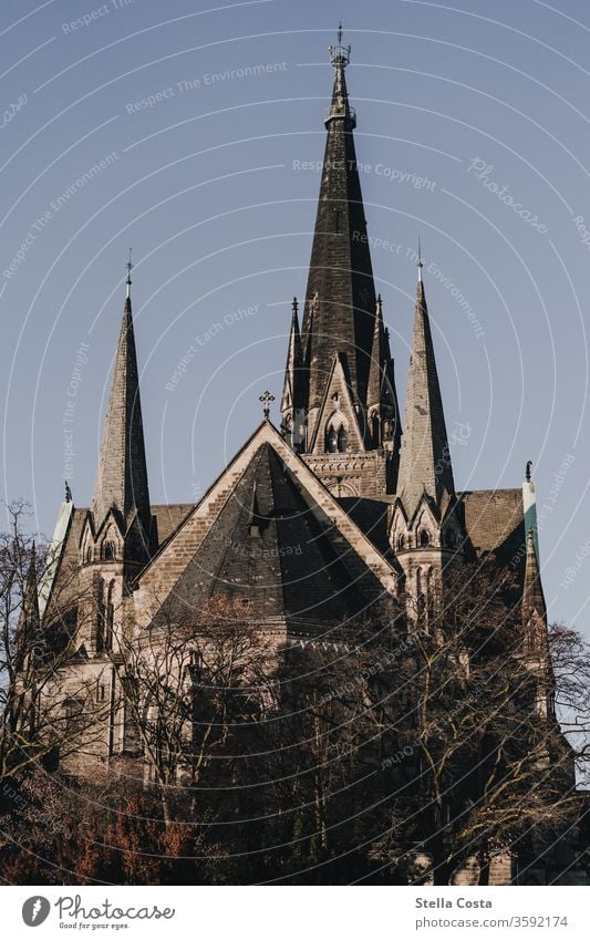 steeple top Church Church spire Religion and faith religion religious free from religion Worm's-eye view Picture of a church colored Colour photo Winter sunny