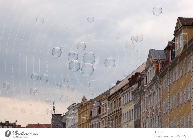 inflated| bubbles Town Downtown Old town Building Housefront Facade Historic Architecture Sky soap bubbles Many Inflated Hover variegated Dazzling big and small