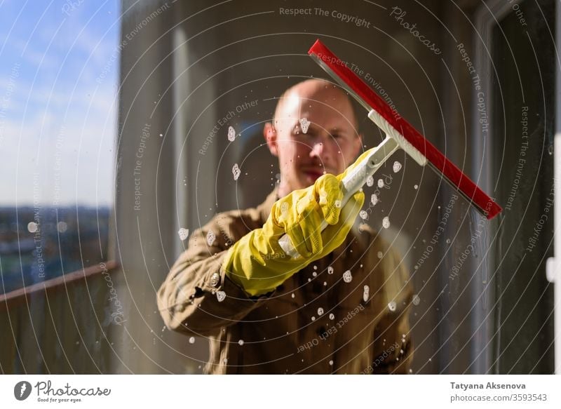 Yellow Rubber Gloves Window Squeegie On Stock Photo 12750907