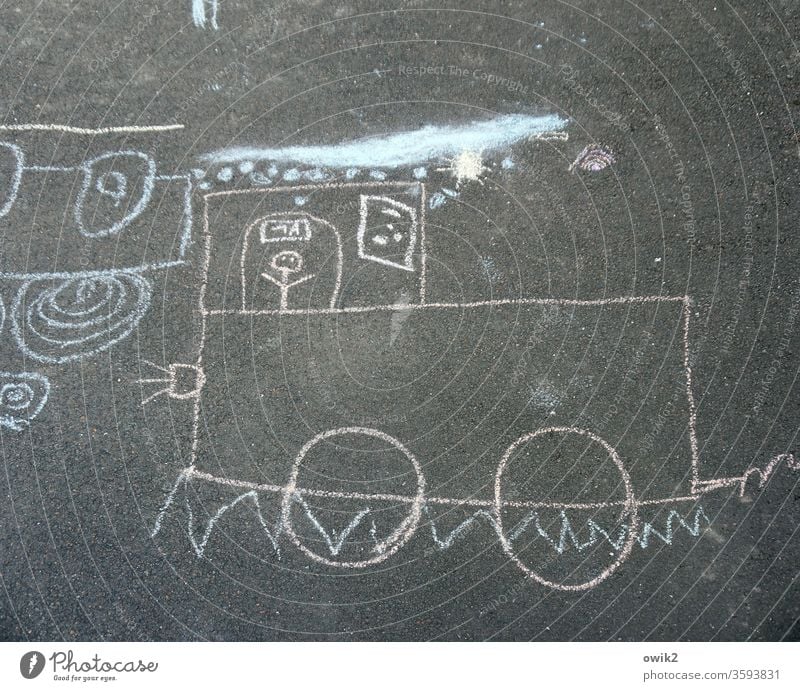 trip Chalk drawing chalk painting Childlike Asphalt Under Street Street art Street painting Engines Train train ride Playing Day Infancy Drawing Art Joy