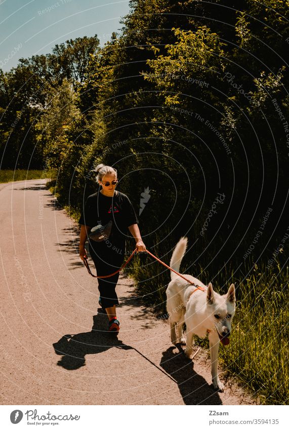 Young woman walks with white sheepdog gassi Walk the dog Dog Cool Easygoing fashion Fashion youthful teen Shepherd dog White already stroll Nature Landscape