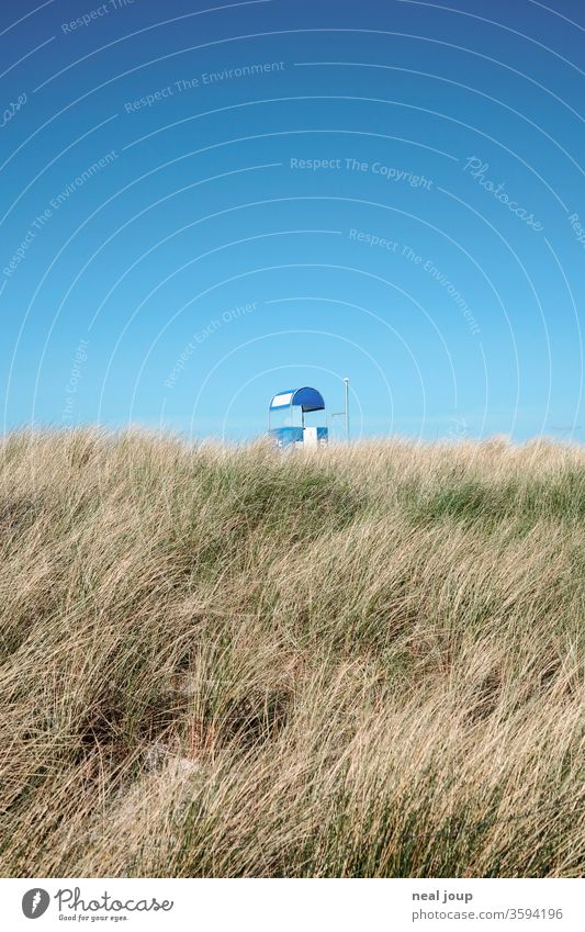 Watch tower behind dune grass Vantage point supervision Safety Far-off places Horizon Blue sky Summer Hide guarded Binoculars farsightedness Perspective