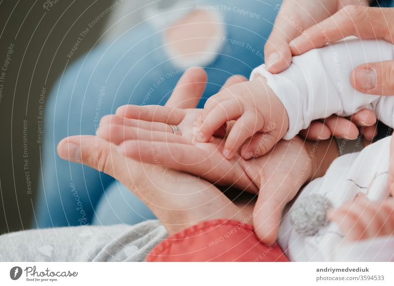 Mom and Dad hold baby's hand. Children's handle mom dad newborn mother parents young father family people background hands caucasian little child son love sweet