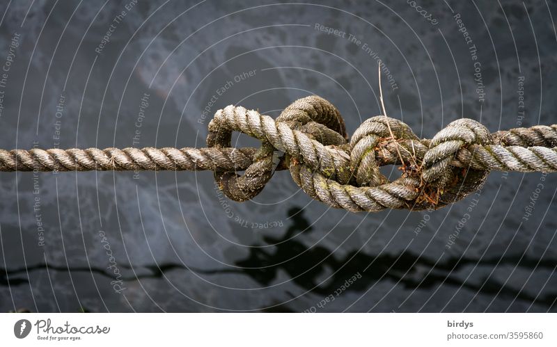 Knots in a hemp rope over water. sailor knots Water seafaring Rope Navigation Weathered fix Maritime Harbour Deserted Surface of water reflection knotting