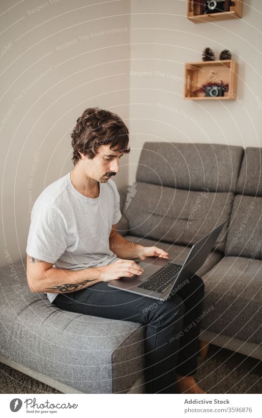 Handsome male freelancer using laptop in living room entrepreneur remote project man work online concentrate home browsing internet device busy computer job