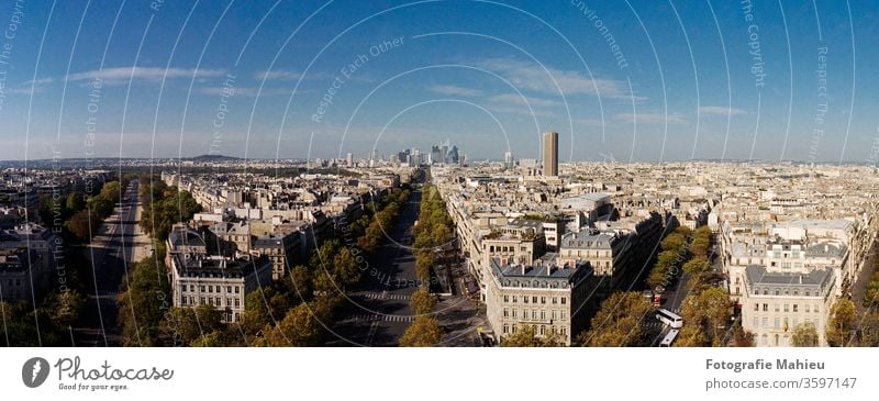 Aerial view of Paris with Eiffel tower and major business district of La  Defence in background at sunset - a Royalty Free Stock Photo from Photocase