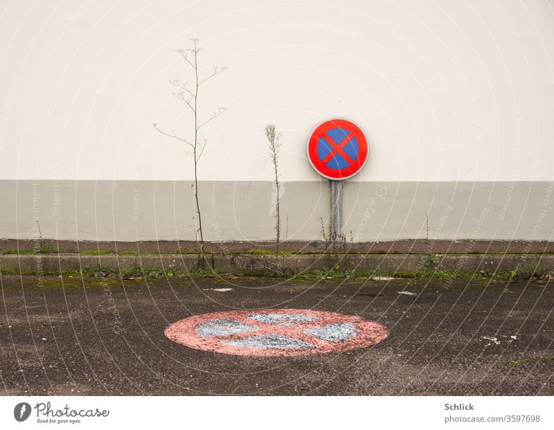 Useless no stopping sign in front of a wall with dead plants and no stopping as a symbol on asphalt No standing Places Asphalt Dry bankrupt Insolvency Parking