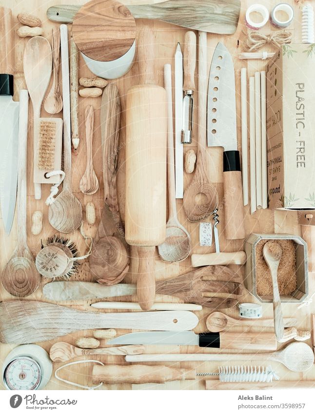 Kitchen utensils made of wood Oldschool cake Cooking Bird's-eye view Rustic flatlay Brown Retro vintage