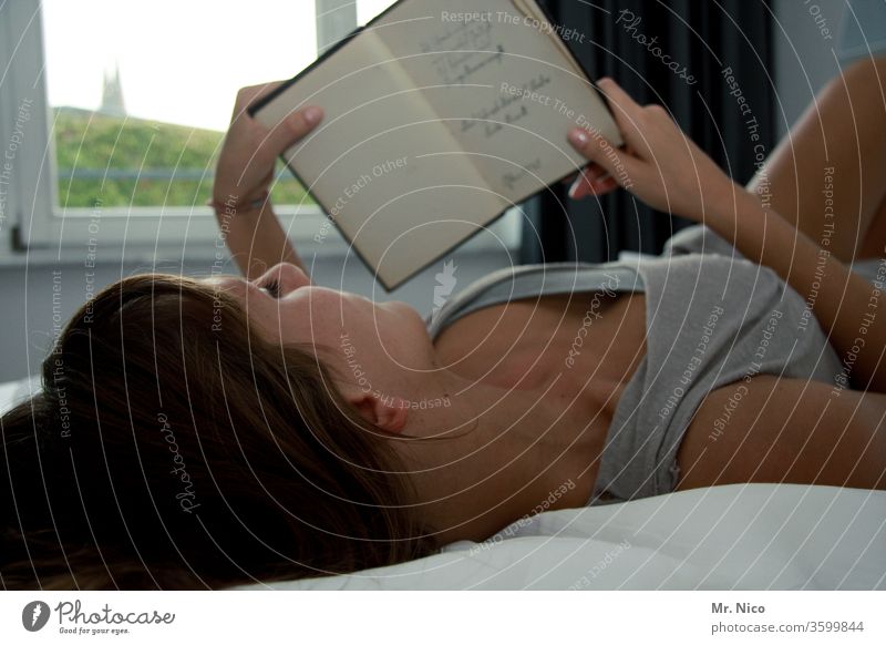 Printed matter | Reading makes beautiful Bedroom Cozy at home Book Relaxation Woman Morning To hold on Window décolleté Casual clothing Long-haired Light browse