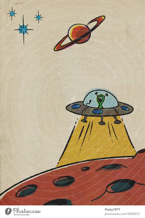 Retro cartoon UFO over lunar surface in halftone print / halftone effect Cartoon Comic Planet Lunar surface Universe Extraterrestrial illustration vintage Paper