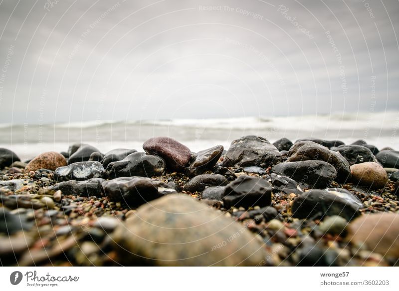 Wet shiny stones are lying on the beach in front of the towering waves of the Baltic Sea Pebble beach Glittering Lie Beach Baltic beach Waves high waves
