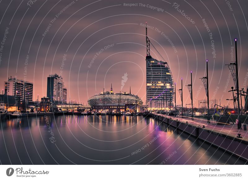 Havenwelten in Bremerhaven during the blue hour havenwelten Harbour Harbor city Skyline Sunset Long exposure Town Architecture cityscape Water travel built