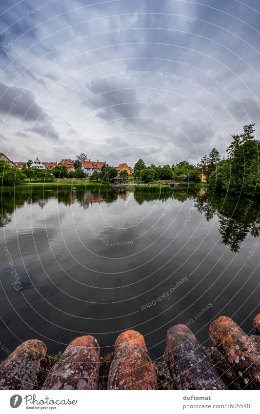 Dinkelsbühl, view over the Rothenburg pond Reflection Rothenburg Pond Water Lake Nature Landscape Calm Lakeside Idyll half-timbered reflection Wide angle Clouds