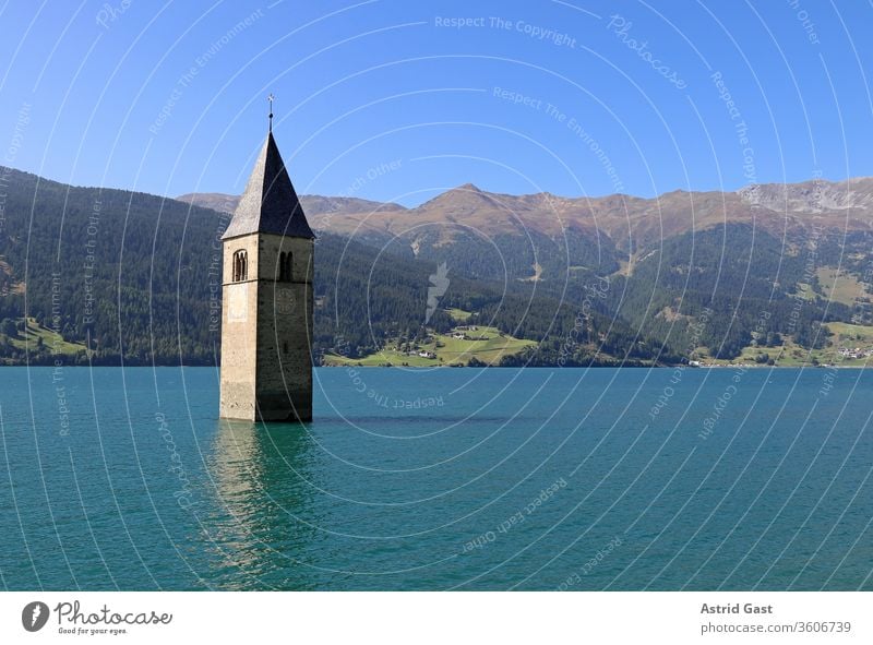 The sunken church tower in Reschensee in South Tyrol (Italy) Church Lake Lake Reschen Church spire Tower Water Resia towering Europe Landscape mountain Alps Sky