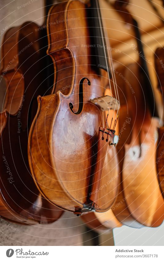 Set of varnished handmade violins hanged for drying on balcony instrument workshop create process wooden row craft dried musical craftsmanship workmanship