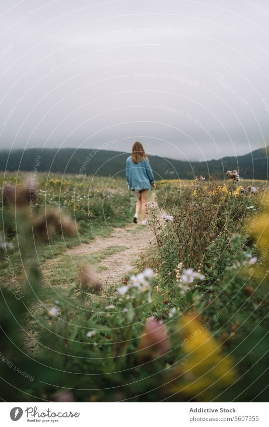 Traveling woman on path in field meadow flower travel walk summer overcast sky female pathway nature vacation freedom grass countryside plant green landscape