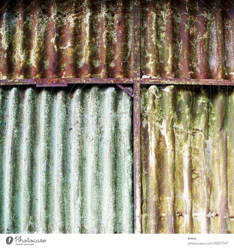 it was a long time ago Old Inspiration Hard Surface Wall (building) Metal Tin lines green Yellow unclean Corrugated sheet iron Trashy Dirty worn-out Warehouse