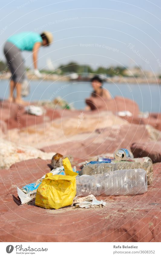 Pile of trash collected by volunteers at a beach cleanup Beach Work and employment Human being Woman Adults Environment Sand Plastic Dirty cleaning volunteering