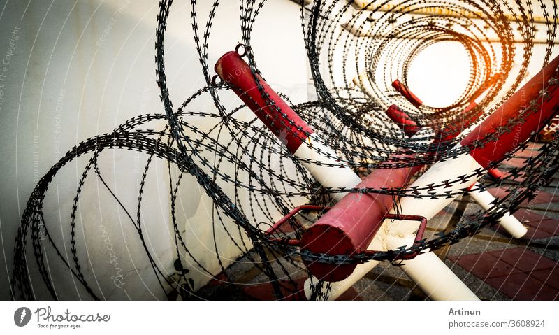 Barbed wire fence. Prison or jail wall. Security system. Private zone or danger military zone. Forbidden gate or entrance. Prohibited area. Red and white color on pole with rolled barbed wire fence.