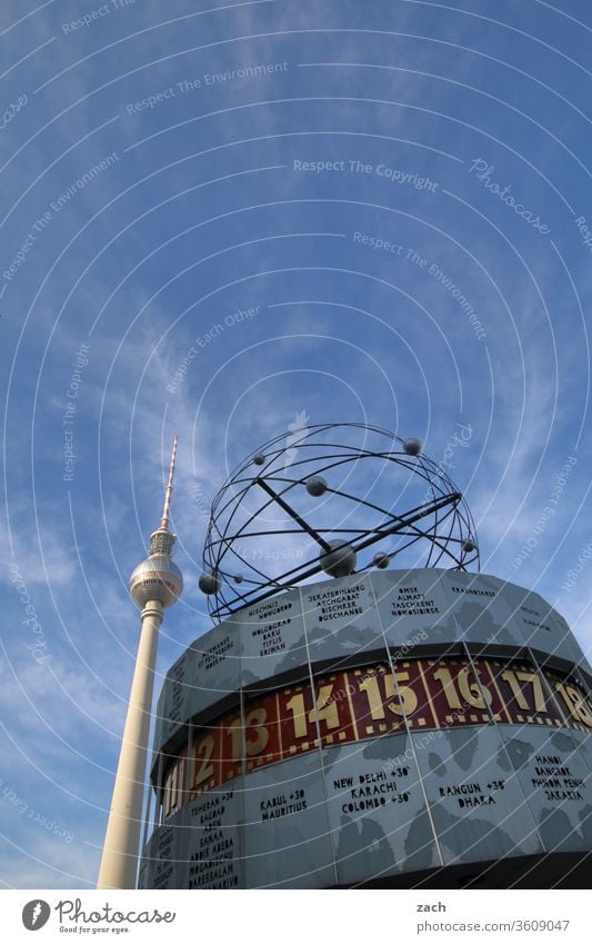 World time clock and television tower in Berlin at Alexanderplatz Town Copy Space top Tall Downtown Downtown Berlin Worm's-eye view Exterior shot Sky Blue