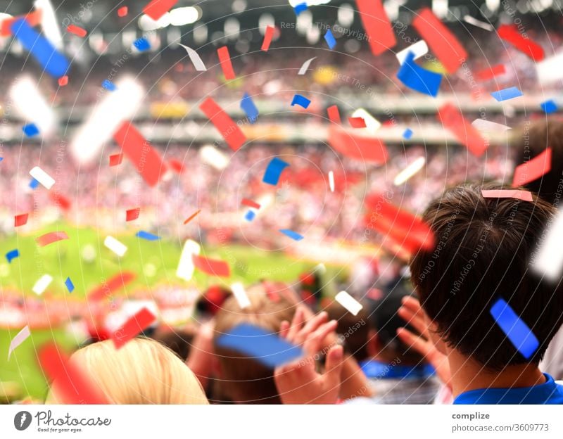 Fans in the stadium Joy Applause World Cup Confetti Fantastic Moody Emotions Youth (Young adults) Young man Human being Stadium soccer Sporting Complex