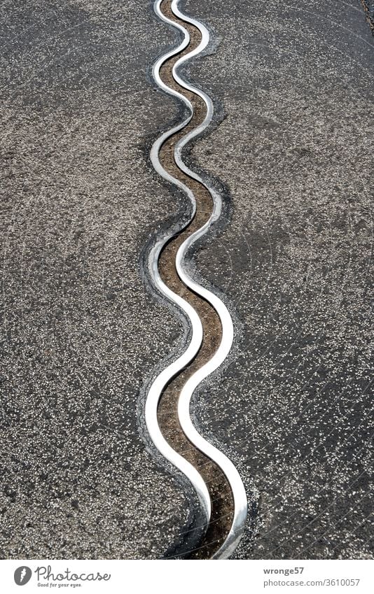 Expansion joint of a bridge | Two iron snakes snaking along the village road Iron band Metal Steel wavy flexed Glittering steel Bridge Street expansion joint