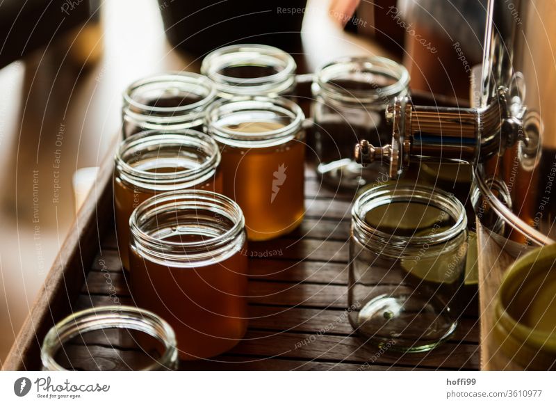 a jar of honey is bottled Bee-keeping Bee-keeper keep beekeepers Honey honey production organic farming ecologic Honey bee Food Healthy Summer Apiary Beehive
