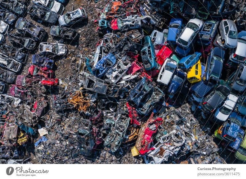 Scrapyard Aerial View. Old rusty corroded cars in car junkyard. Car recycling industry from above. used car recycling vehicles drone aerial parts junk yard