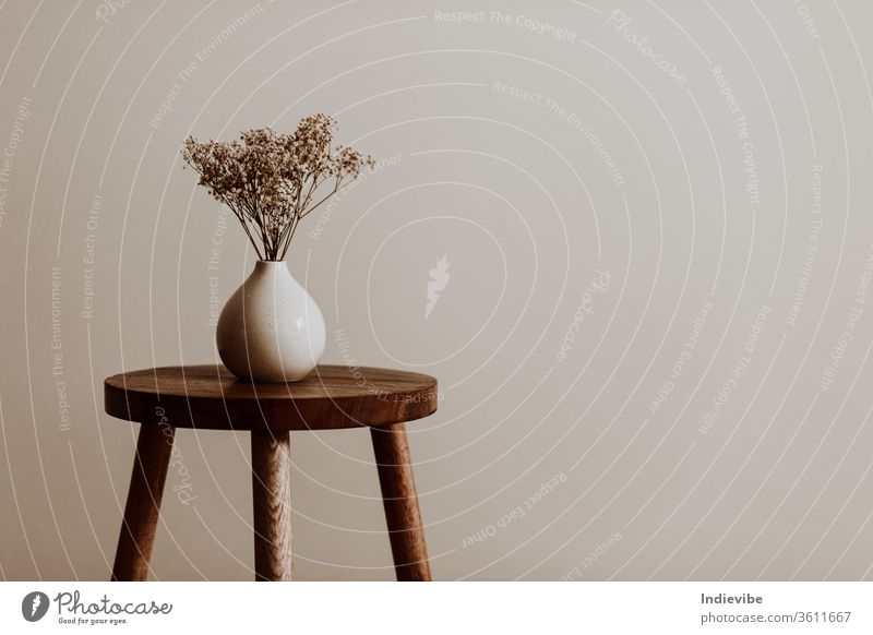 White ceramic vase on a natural brown wooden stool with white dried flowers in an empty room interior decoration design isolated home object old wall nobody