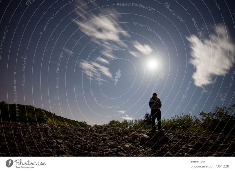 Man in front of the moon Lifestyle Style Vacation & Travel Trip Adventure Freedom Human being Adults 1 Nature Landscape Sky Clouds Night sky Moon Full  moon