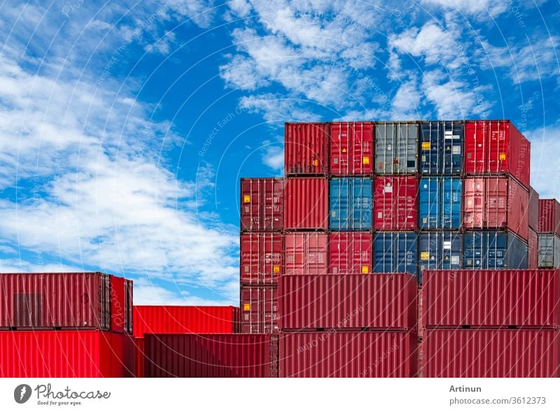 Container logistic. Cargo and shipping business. Container ship for import and export logistic. Container freight station. Logistic industry from port to port. Container at harbor for truck transport.