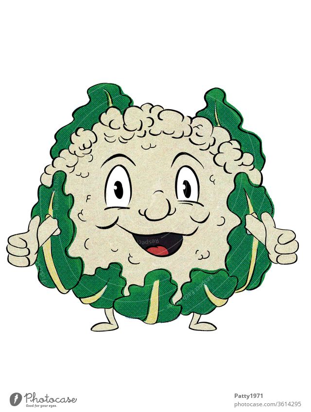 Funny, laughing cartoon cauliflower figure, isolated against a white background, with both hands thumbs up. Cauliflower Cartoon Comic Laughter illustration