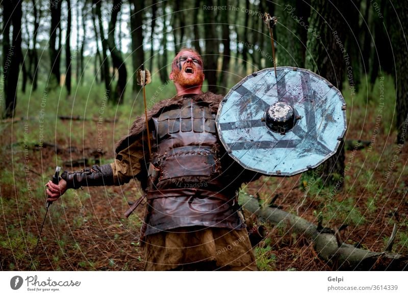 Bloody real viking warrior scandinavian ancient aggression shield portrait man historical armor history traditional expression culture furious terrified danger