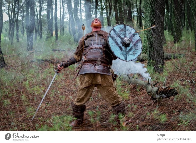 Bloody real viking with his sword training for combat warrior scandinavian ancient aggression portrait man historical armor history traditional expression