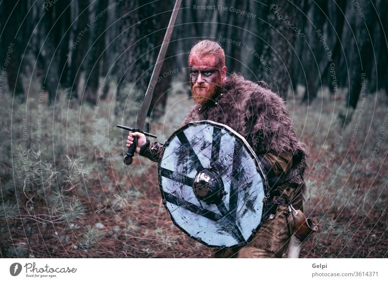Terrifying viking prepared for the fight warrior scandinavian ax ancient aggression portrait man historical armor history traditional expression sword culture