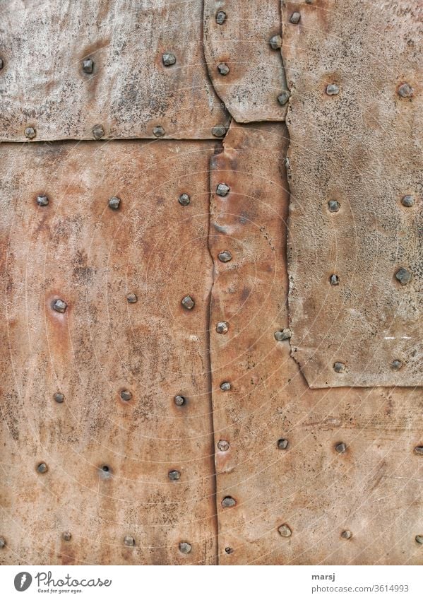 Old | Patchwork with hand riveted rusty sheet Stud Iron Rust rusty metal Tin patchwork overlap Protection Wallpapers Patina Oxydation Metal Transience Brown