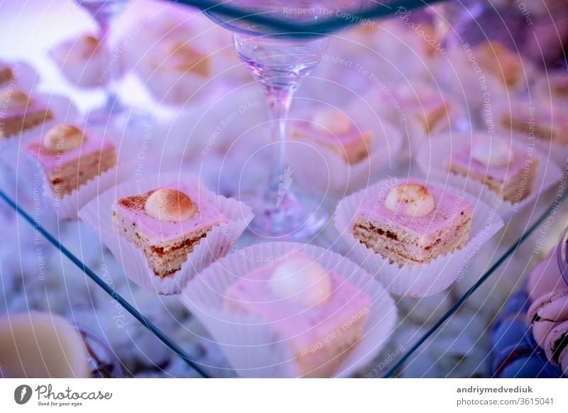 Candy bar on wedding ceremony with a lot of different cupcakes, modern desserts, mousses and jellies. selective focus desert plate celebration sweets cream