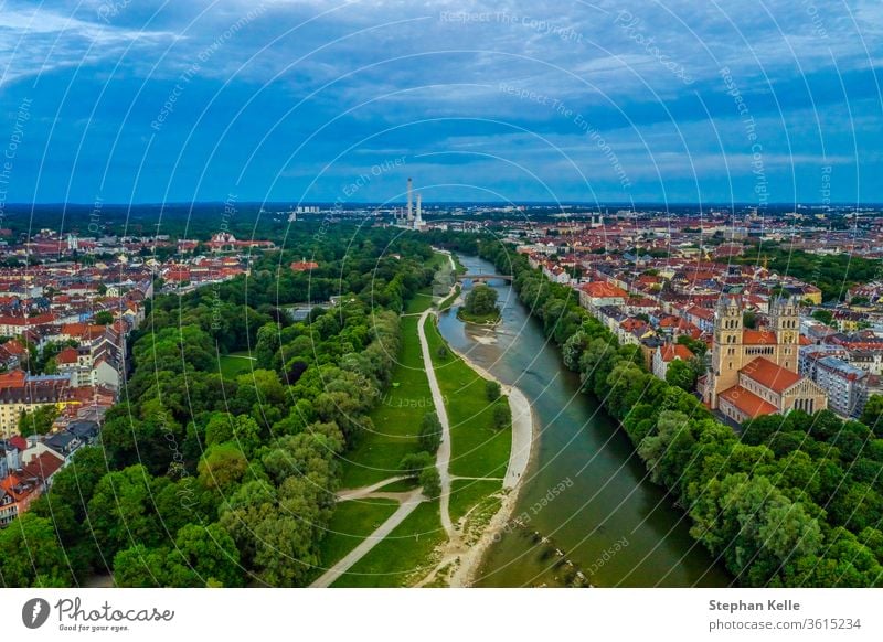 View over Munich with the Isar river, authentic from above, barvaria, Germany. minga munich isar town city cityscape drone copter aerial high angle blue sky