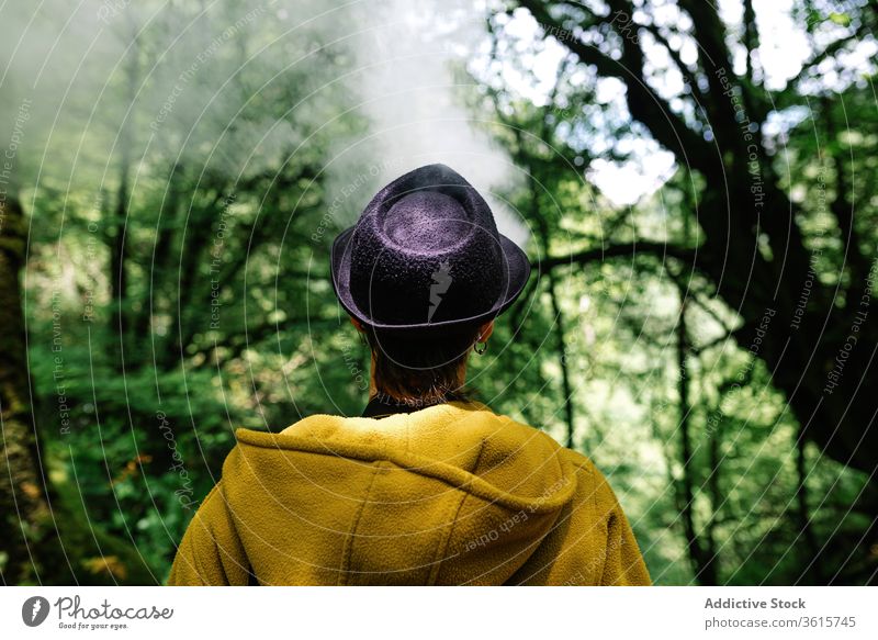 Anonymous woman smoking in green forest smoke travel style informal exhale tree countryside alternative subculture outerwear relax female nature trendy nicotine