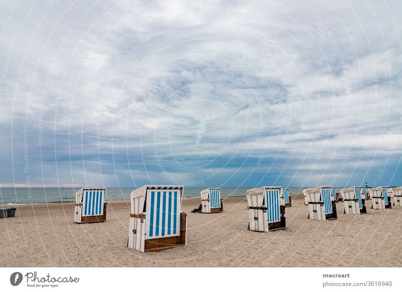 beach chairs Beach Sandy beach Lake Baltic Sea vacation Closed Relaxation Blue Wide angle Clouds Summer cloudy Weather summer maritime tranquillity Wellness
