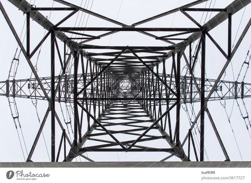 Power pole viewed from bottom to top electricity High voltage power line Transmission lines Electricity pylon Energy industry Overhead line Power transmission