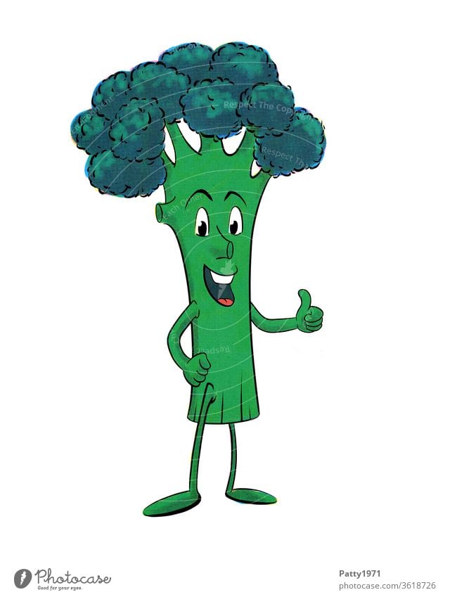 Funny, laughing cartoon broccoli figure, isolated in front of a white background, thumbs up Broccoli Vegetable Green Cartoon Comic Isolated Image Illustration