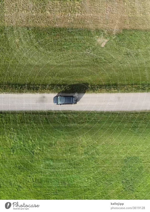 drive to the green off the beaten track droning Aerial photograph Motoring car Motor vehicle Meadow Lanes & trails Driving Bird's-eye view Field Agriculture Day