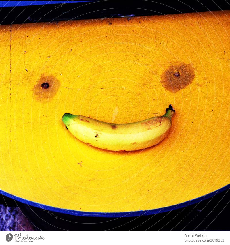 Smile - Lost Banana in Folkestone Yellow Blue Smiley Face Colour photo Analog Analogue photo Warped Fruit Nutrition Food Delicious cute cheerful Laughter