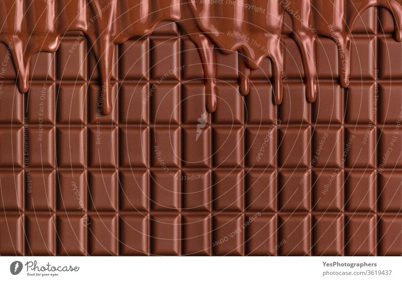 Milk chocolate bar background.  Melted chocolate dripping. Pastry ingredient baking big brown chocolate block christmas cocoa confectionery copy space cuisine